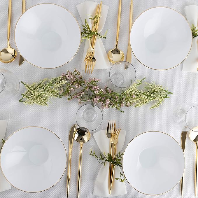 [16 OZ 40 Count] White Plastic Organic Party Soup bowls With Gold Rim Premium heavyweight Elegant Disposable Tableware Dishes