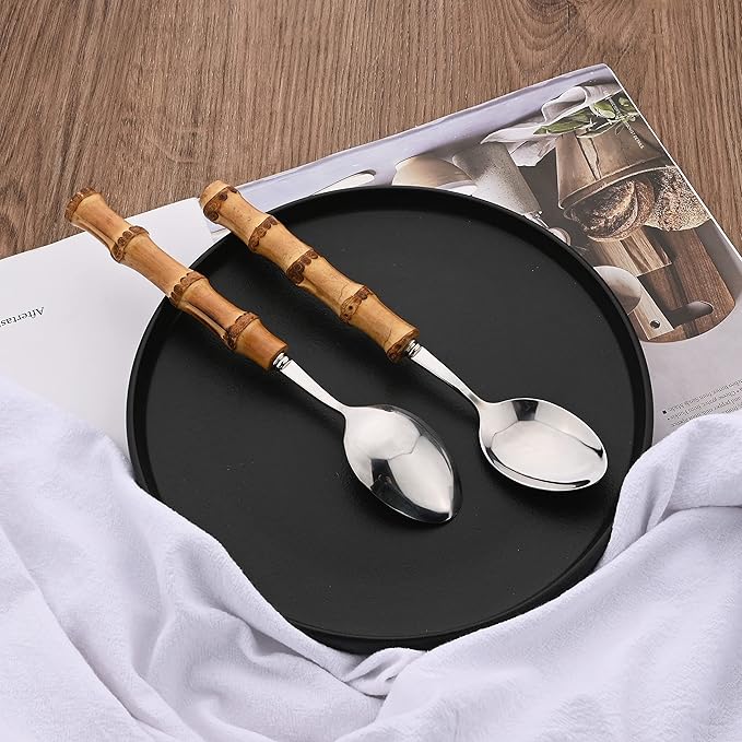 40 Pcs Bamboo Handle Cutlery Sets, Natural Bamboo Flatware Set for 10, Silver Stainless Steel Silverware Set for Home Party Restaurant, Handcrafted Eating Utensils, Include Knife Fork Spoon