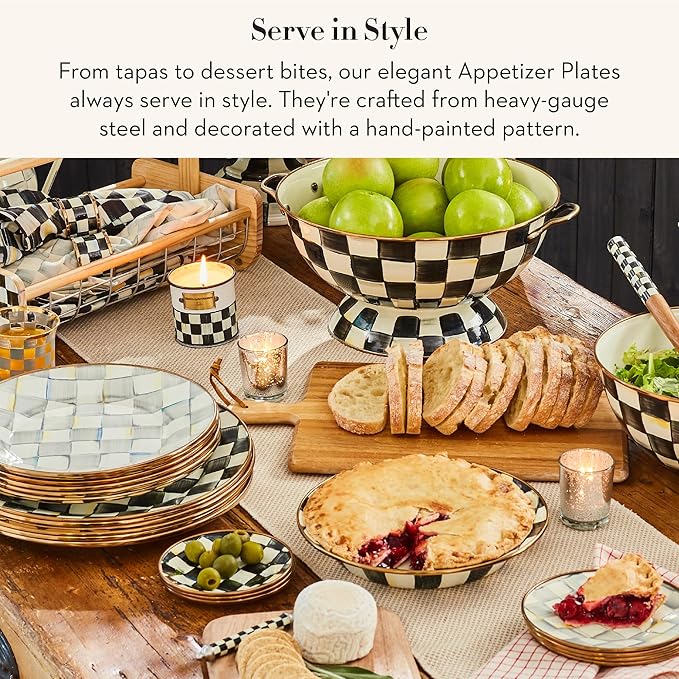 MACKENZIE-CHILDS Set of 4 Enamel Appetizer Plates, Mini Dessert Plates, 5 Inches, Black-and-White Courtly Check