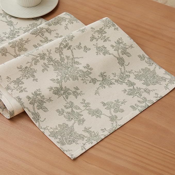 100% Cotton French Pastoral Table Runners, 13x108 Inch Green Farmhouse Table Runners 108 Inches Long, Vintage Flowers Print Home Decors