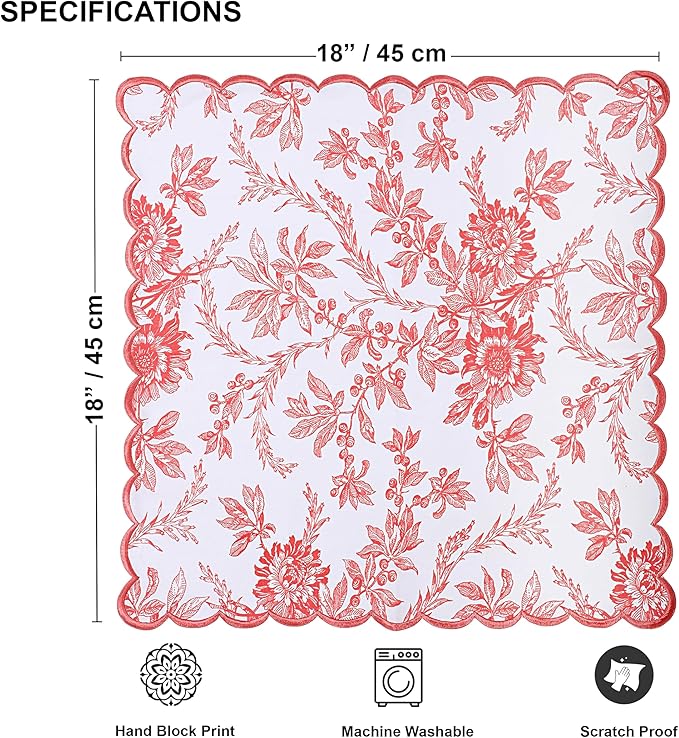 Ridhi Hand Block Print Peach Coral 18" x 18" (Set of 4) Embriodery Table Napkins Reusable Cotton Dinner Napkins for Weddings, Parties, Everyday Dining Gift for Spring, Easter, Valentine
