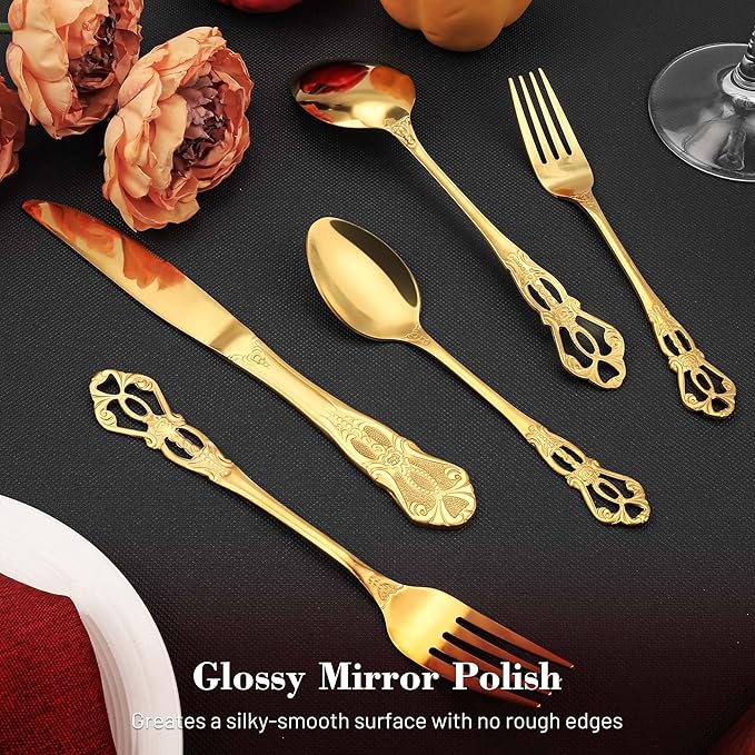 Silverware Set, 30 Pieces Retro Royal Silverware Set for 6, Anti-rust Stainless Steel Flatware Set Including Fork Spoon and Knife, Dishwasher Safe, Gold