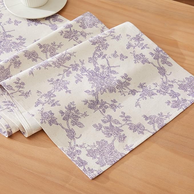 100% Cotton French Pastoral Table Runners, 13x72 Inch Purple Farmhouse Table Runners 72 Inches Long, Vintage Flowers Print Home Decors