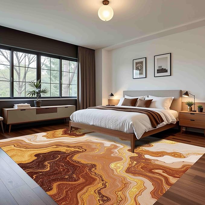 Contemporary Beige Warm Brown Gold Abstract Marble Texture Indoor Area Rug 7x10 for Living Room Bedroom Dining Room Soft Non Slip Washable Large Carpet Dorm Nursery Kitchen Art Deco Aesthetic Rugs