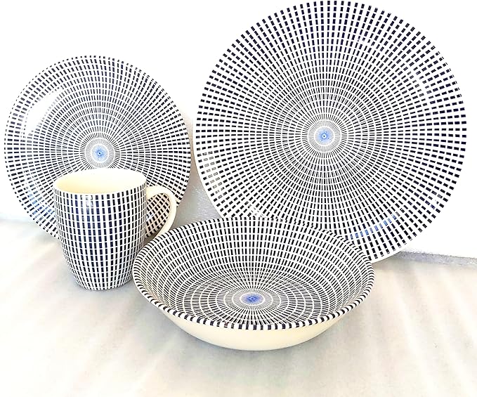 TUDOR ROYAL Porcelain 16-Piece Round Dinnerware Set, Service for 4, Singapore Blue Design, Blue Radial, Plates Bowls Mugs Dishes, Premium Quality Ceramic Tableware, Unique Pattern, Glossy
