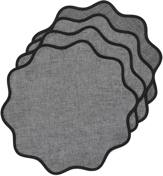 Solino Home Scallop Linen Placemats Set of 4-100% Pure Linen Black and Charcoal Grey Round Cloth Placemats 16 Inch for Christmas - Giselle Scallop Edge Handcrafted and Machine Washable