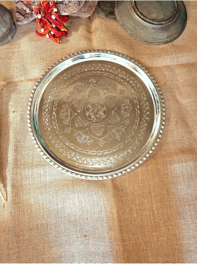 Copper Serving Tray Silver Plated Engraved Design 18 Inch Round Decorative Ottoman Tea Tray for Coffee Table - Silver, One Size