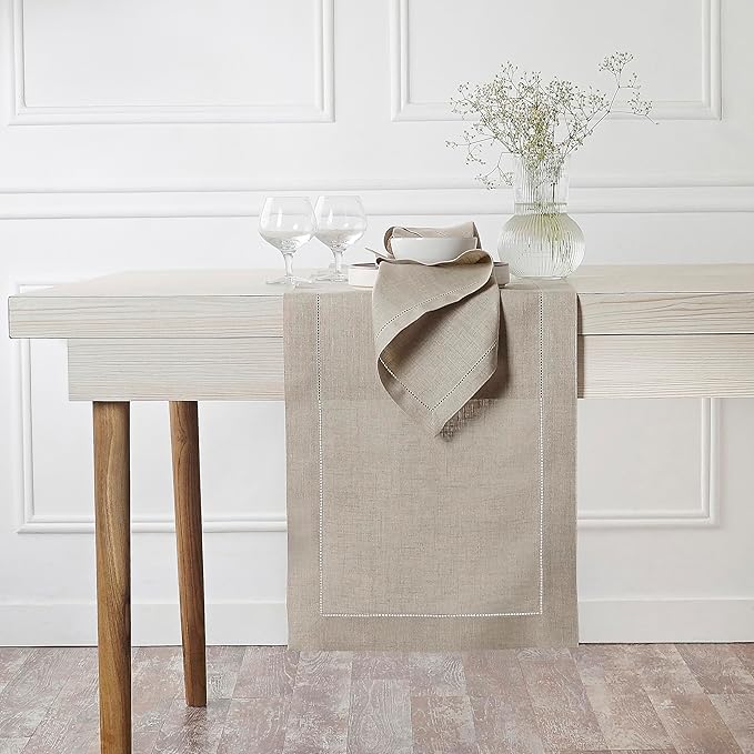 D'Moksha Homes Linen Natural Table Runner 36 Inches - 100% Pure Linen Small Table Runner 14 x 36 Inch Ideal for Dresser, Coffee Tables, Winter, Christmas, Holiday, New Year - Classic Hemstitch