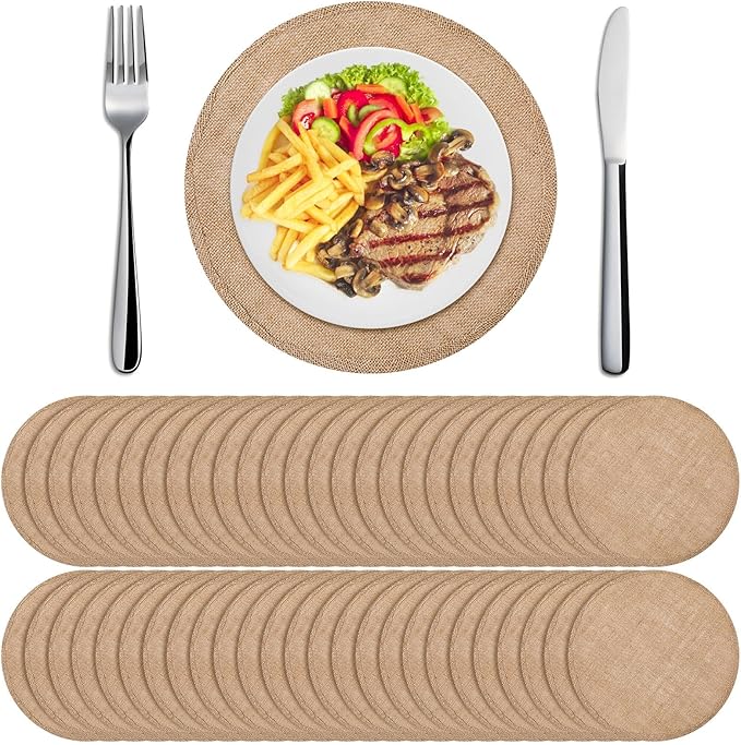 Yunlly Set of 48 Round Burlap Placemats Bulk Burlap Farmhouse Placemats Set Heat Resistant Table Mats Circle Jute Charger Place Mats for Wedding Holiday Dinner Rustic Table Decorations(11.8 in,Brown)