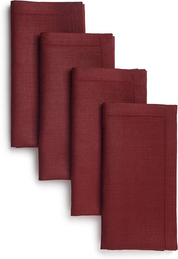 D'Moksha Homes Dark Red Linen Napkins Set of 4 - Classic Hemstitch 100% Pure Linen Hemstitch Dinner Napkins 20 x 20 Inch for Winter, Christmas, Holiday, New Year - Handcrafted and Machine Washable