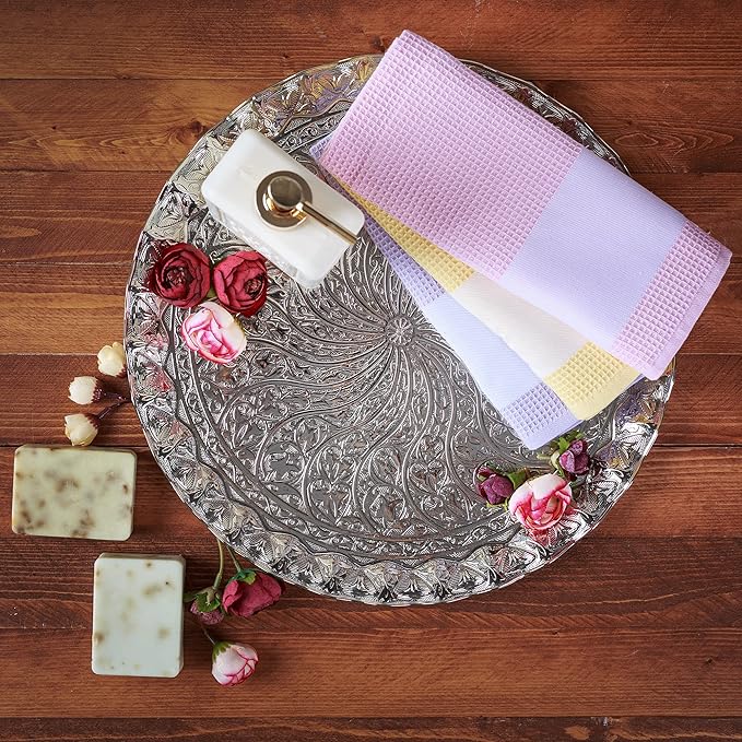 Coffee Tea Beverage Serving Tray, Vintage and Fancy Round Design (Bright Silver)