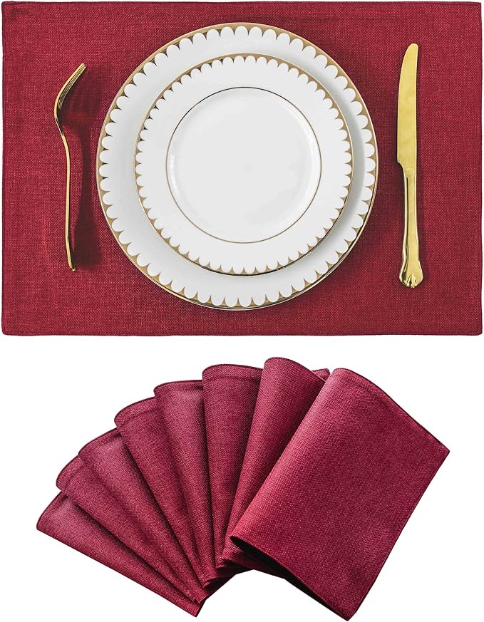 Home Brilliant Cloth Placemats Set of 8 Red Linen Placemats for Valentine's Day Dinner Heat Resistant Dining Table Mats Kitchen Place Mats, Dark Red Burgundy