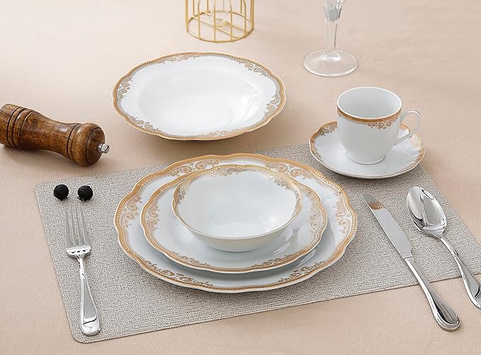 Lorren Home Trends Catherine 24 Piece Porcelain Dinnerware Set, Gold