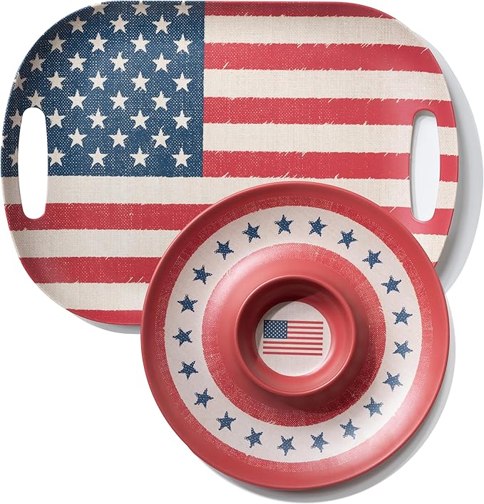 Kingen 2-Pack American Flag Serving Trays,18" Large Handled Tray & 13" Chip&Dip Platter, Stars & Stripes Dishes for 4th of July Independence Day, Picnics, BBQs & Parties (Bamboo Fiber, RBW)