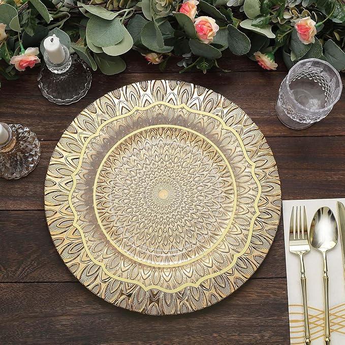 Efavormart 6 Pack | 13" Gold Embossed Peacock Design Plastic Serving Plates, Round Disposable Charger Plates