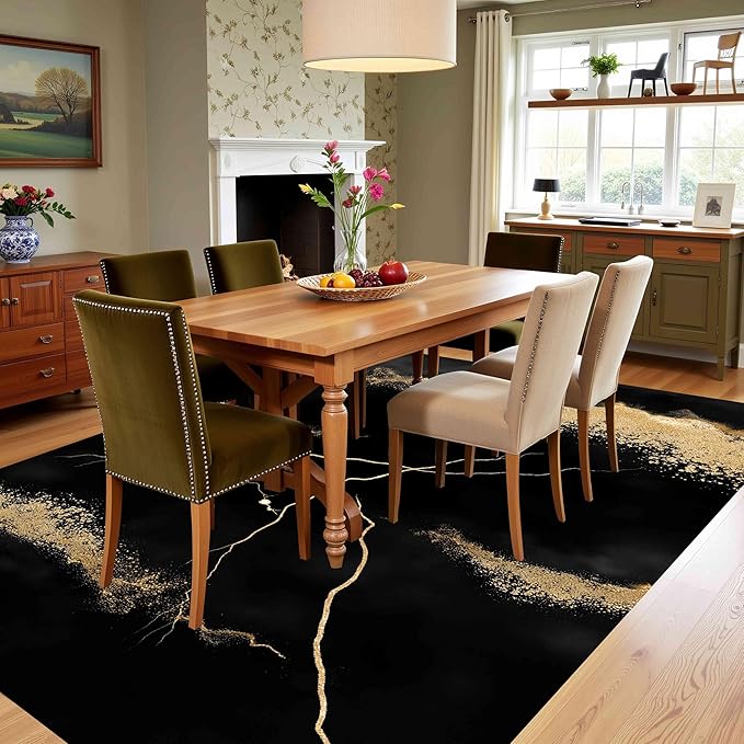 Luxury Black Gold Marbel Pattern Design Area Rug 6x8 for Living Room Bedroom Soft Non Skid Low Pile Big Rugs Under Dining Table Minimalist Floor Mats Nursery Farmhouse Modern Abstract Indoor Carpet