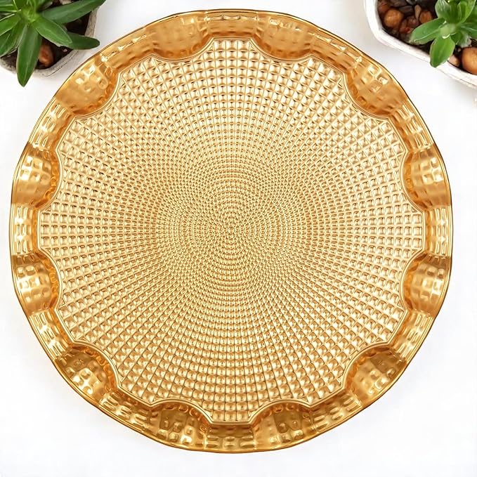Alisveristime Round Metal Serving Tray for 6 – Ottoman Motif, (13.8" Diameter, 17.5 oz) (Gold)