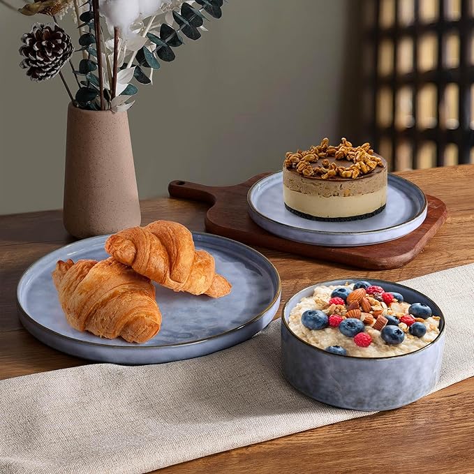 LIANYU Dinnerware Dish Sets for 2, 6 Piece Stoneware Plates and Bowls Sets, Kitchen Dinner Set for Dessert Salad Pasta, Microwave & Dishwasher Safe, Serenity Blue