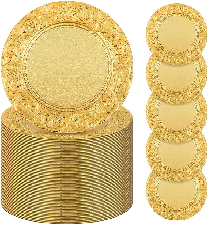 Uiifan 150 Pcs Antique Charger Plates Bulk 13'' Plastic Embossed Dinner Plate Chargers Round Floral Plates for Wedding Decorative Chargers for Table Dinner Kitchen Party Decoration (Gold)