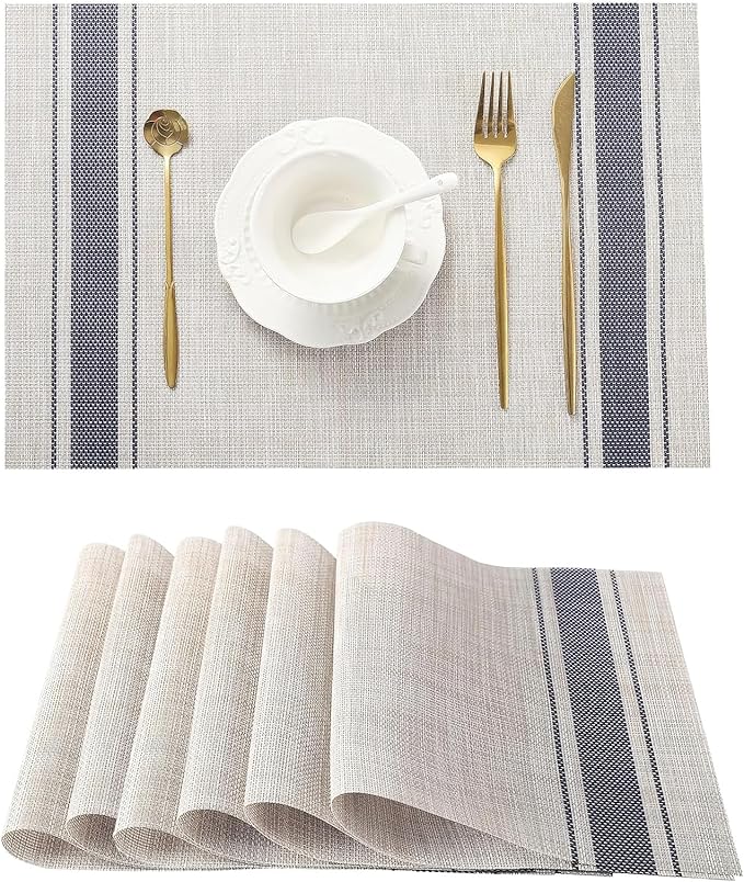 Plastic Woven Place Mats,Non-Slip,Set of 6,Waterproof Wipeable Dining Table Mats for Kitchen Table Indoor/Outdoor,Blue