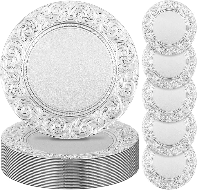 Uiifan 24 Pcs Antique Charger Plates Bulk 13'' Plastic Embossed Dinner Plate Chargers Round Floral Plates for Wedding Decorative Chargers for Table Dinner Kitchen Party Decoration (Silver)