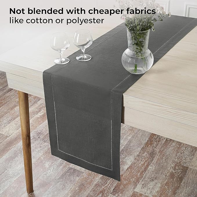 D'Moksha Homes Linen Charcoal Grey Table Runner 72 Inches Long - 100% Pure Linen Hemstitch Table Runner 14 x 72 Inch for Dresser, Dining, Winter, Christmas, Holiday, New Year - Classic Hemstitch