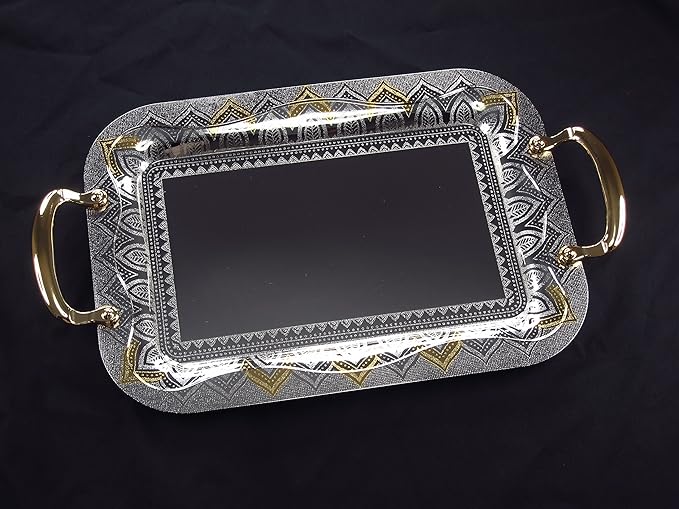 Serveware JS Silver Art Collection Single Stainless Steel Serving Tray Platter, 24K Gold-Plated Handles (SS889-1190)