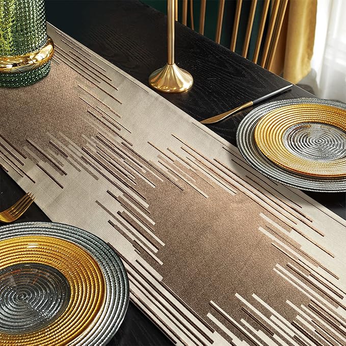 Champagne 72 Inches Long Table Runner Gorgeous Embroidery Vintage Thick Fabric Abstract Striped Table Runners for Home Living Room Bedroom Dinner Room Art Decor Holiday