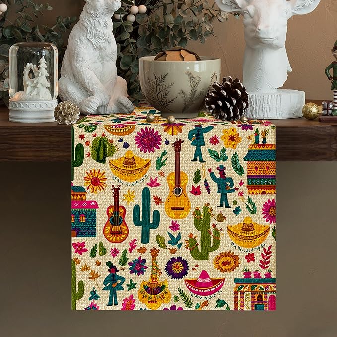 Mexican Flower Cactuses Table Runner Seasonal Holiday Kitchen Dining Linen Table Decoration for Indoor Outdoor Home Party Decor 13 x 72 Inch