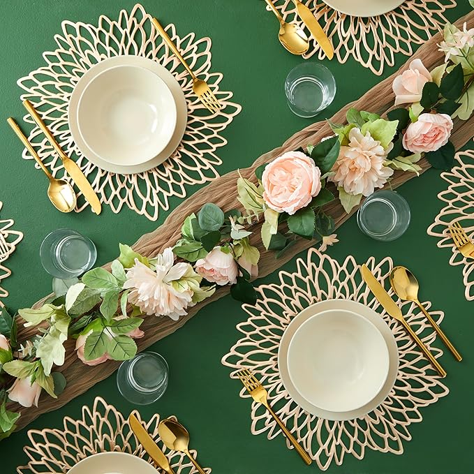 Juvale Gold Placemats - 14.4-Inch Round Vinyl with Leaf Design, Pack of 10 - Table Chargers for Dinner Table Decor