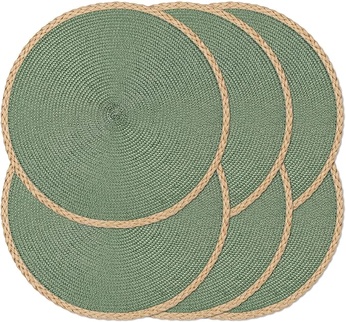 Noctiflorous Round Placemats Set of 6, 15 Inch Braided Hand Woven Table Mats, Heat Resistant Non-Slip Wipeable Thin Edge Place Mats for Kitchen Dining Indoor Outdoor Use(Green, 6)