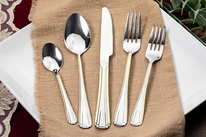 60 Piece Flatware with Hostess Set - Service for 12-8/10 Stainless Steel Silverware - Gorgeous Gold Trim Handles - Serving Utensils - Home Essentials - Dishwasher Safe (65 Piece, Verona)