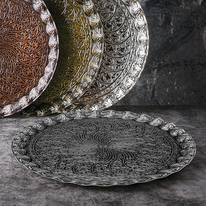 Coffee Tea Beverage Serving Tray, Vintage and Fancy Round Design (Antique Silver)