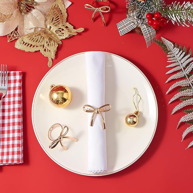 APTWOW Gold Christmas Napkin Rings Set of 12 -Metal Bow Napkin Holders, Xmas Holiday Napkin Rings for Birthday Party, Anniversary Dinner, and Wedding Table Decorations