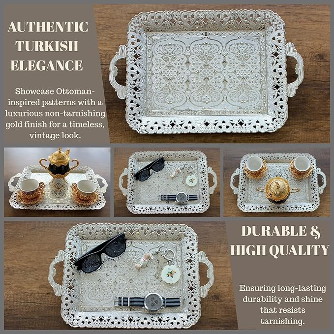 Turkish Vintage Style Entertaining Tray - |15.4” x 10.2”Multi-Purpose, Non-Tarnishing, Zamak Alloy, Decorative Ottoman Style - Rectangular Serving Tray for Coffee & Beverages (Silver)