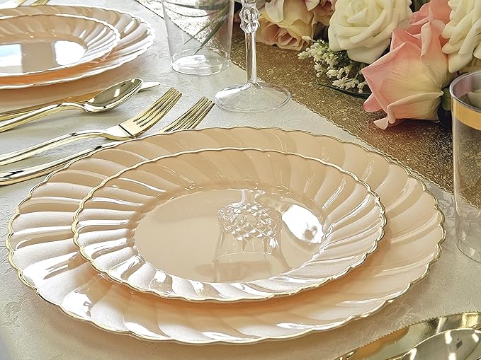 " OCCASIONS " 320pcs set (40 Guests)-Vintage Wedding Party Disposable Plastic Plates -40 x 10.25'' + 40 x 7.5'' +Silverware +Gold rim Cups +Napkins (Blossom Blush & Gold)