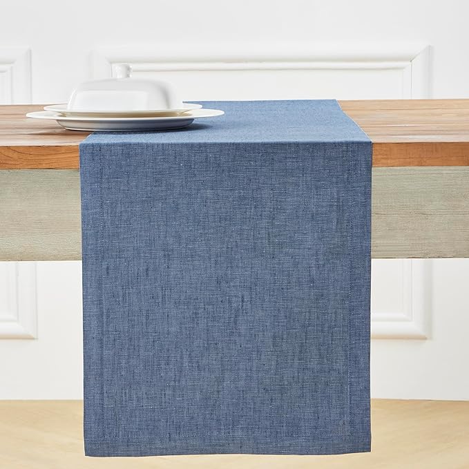 Solino Home Linen Table Runner 156 Inches Long - Athena, 100% Pure Linen Blue Denim Dining Table Runner 14 x 156 Inch for Spring, Easter