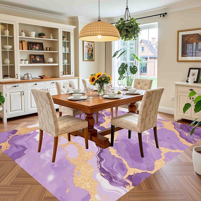 Art Aesthetic Deco Purple Gold Modern Abstract Marble Texture Design Home Office Rugs 8x10 for Living Room Bedroom Dining Room Soft Anti Slip Thick Area Rug Nursery Dorm Kitchen Unique Funky Carpet