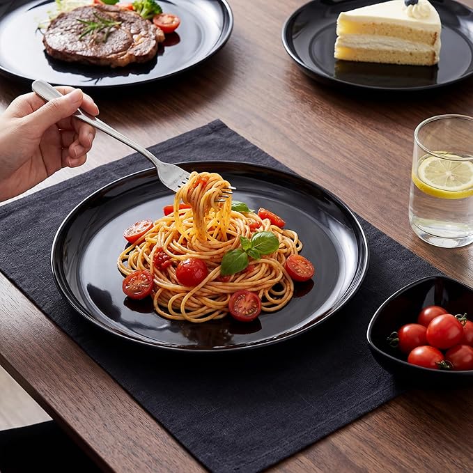 ONEderful 9 Inch Melamine Dinner Plates Set of 4 - Black Modern Flat Plates, Durable & Lightweight Catering Dishes for Parties, Picnics, Holidays, Dishwasher Safe