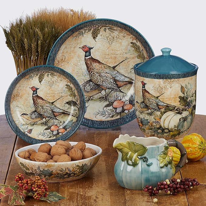 Harvest Gatherings 16-Piece Ceramic Dinnerware Set, Service for 4 – Multicolor Fall Plates, Bowls & Mugs with Pumpkin & Pheasant Design – Autumn Tableware for Thanksgiving, Cabin & Holiday Hosting