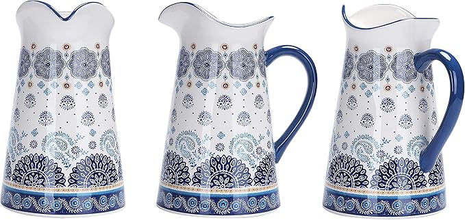 Bico Blue Talavera Ceramic 2.5 Quarts Pitcher with Handle, Decorative Vase for Flower Arrangements, Dishwasher Safe