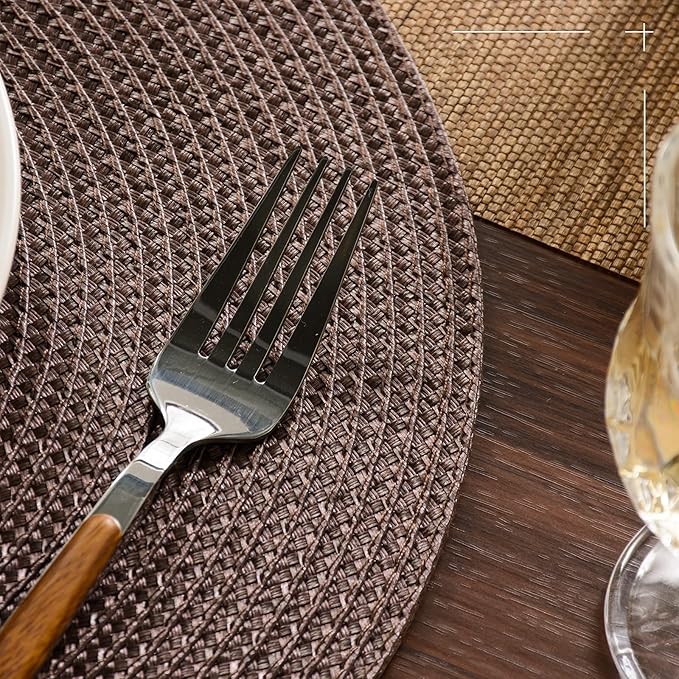 FunWheat Round Braided Placemats Set of 8 Place Mats for Dining Table Woven Washable Non-Slip Table Mats 15 Inch(Brown,8pcs)