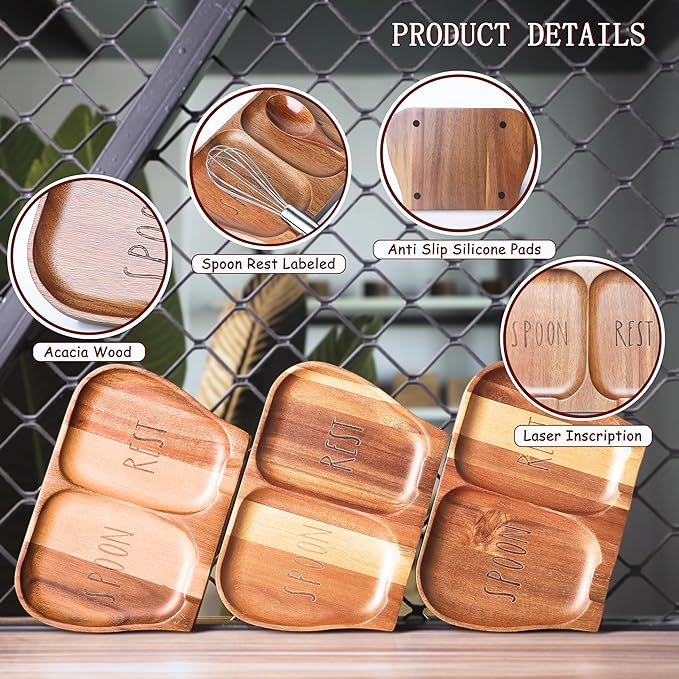 Large Acacia Wood Spoon Rest, Double Wooden Spoon Holder With Non Slip Silicone Feet, Handmade Kitchen Rest for Kitchen Countertop (Brown(Labeled "SPOON REST"))