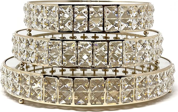 allgala Wedding Cake Stands 3-Piece Set Crystal Gold Plated Cheese Dessert Cupcake Cake Stand with Mirror Plate-Gold Round-HD89202