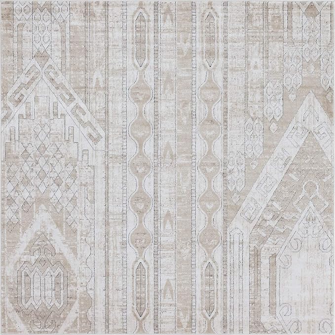 Rugs.com Oregon Collection Rug – 8 Ft Square Ivory Low-Pile Rug Perfect for Living Rooms, Kitchens, Entryways