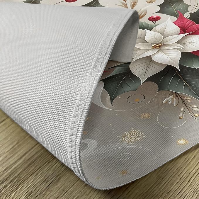 Ambesonne Christmas Place Mats Set of 4, Traditional Xmas with Poinsettia Flowers Ornate and Snowflakes, Washable Fabric Placemats for Dining Table, Standard Size, Pale Vermilion and Grey Teal