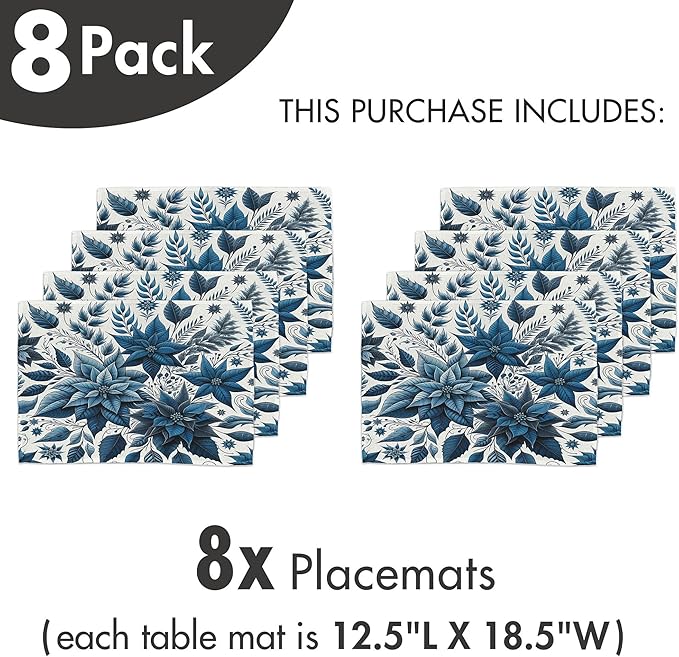 Ambesonne Christmas Place Mats Set of 8, Monochromatic Poinsettia Flowers Xmas Theme Illustration Print, Washable Fabric Placemats for Dining Table, Placemat 8 pcs, Night Blue and Dark Sky Blue