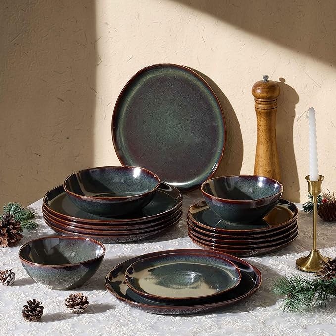 Herogo 18PCS Dinnerware Sets for 6, Stoneware Plates and Bowls Dish Set, Irregular Handmade Dinner Ware Dishware for Kitchen Dinning, Microwave & Dishwasher Safe, Lichen Green