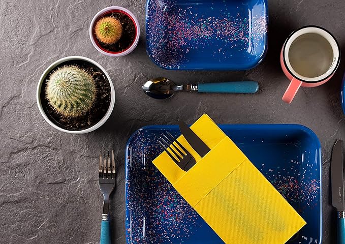 Yellow Dinner Napkins Cloth Like with Built-in Flatware Pocket, Linen-Feel Absorbent Disposable Paper Hand Napkins for Kitchen, Bathroom, Parties, Weddings, Dinners or Events, 1/8 Fold, Pack of 50