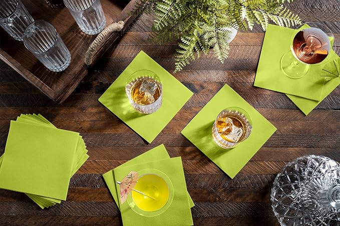 Disposable Kiwi Cocktail Napkins Paper - 4" x 4" High-End Linen-Like Beverage Party Square Paper Napkin Pack for Bar, Cafe, Restaurant, Christmas, Birthday, Wedding, Baby Shower - 100 Count